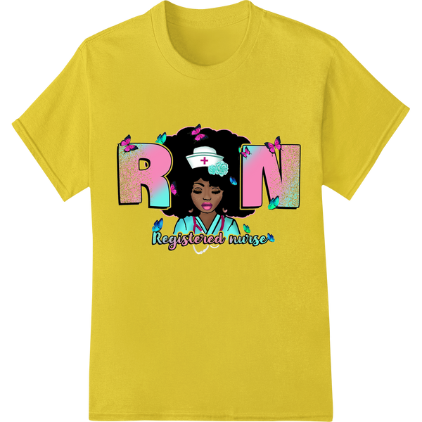 Bold RN Nursing Pride Heat Transfer with Colorful Butterflies on yellow shirt - SUPERDTF-DTF Prints-DTF Transfers-Custom DTF Prints