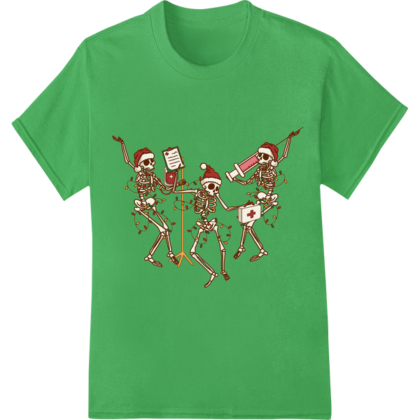 Festive Skeleton Dance Party - Christmas Heat Transfer on green shirt - SUPERDTF-DTF Prints-DTF Transfers-Custom DTF Prints