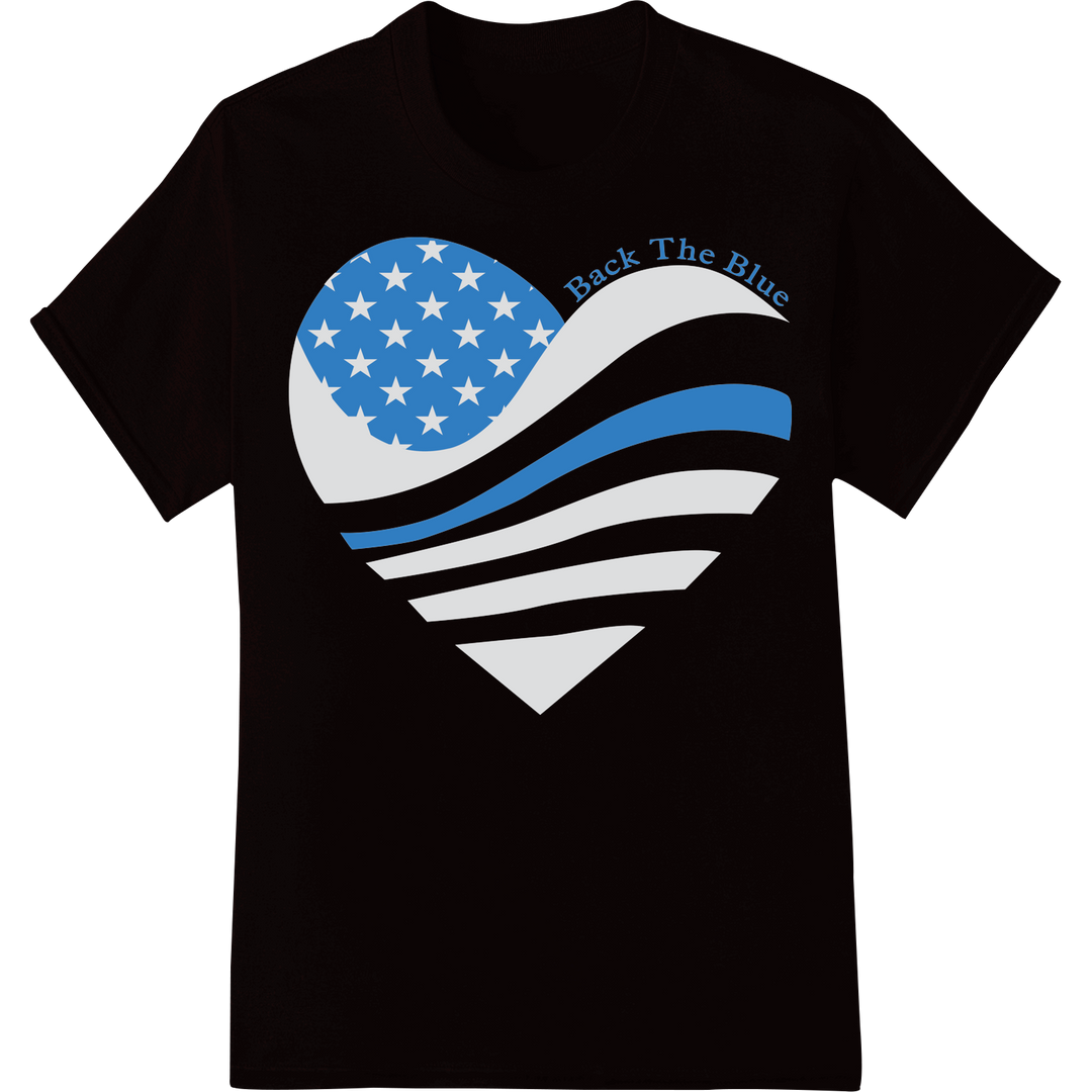 Bold Patriotic 'Back The Blue' American Flag Heart DTF Print on black shirt - SUPERDTF-DTF Prints-DTF Transfers-Custom DTF Prints