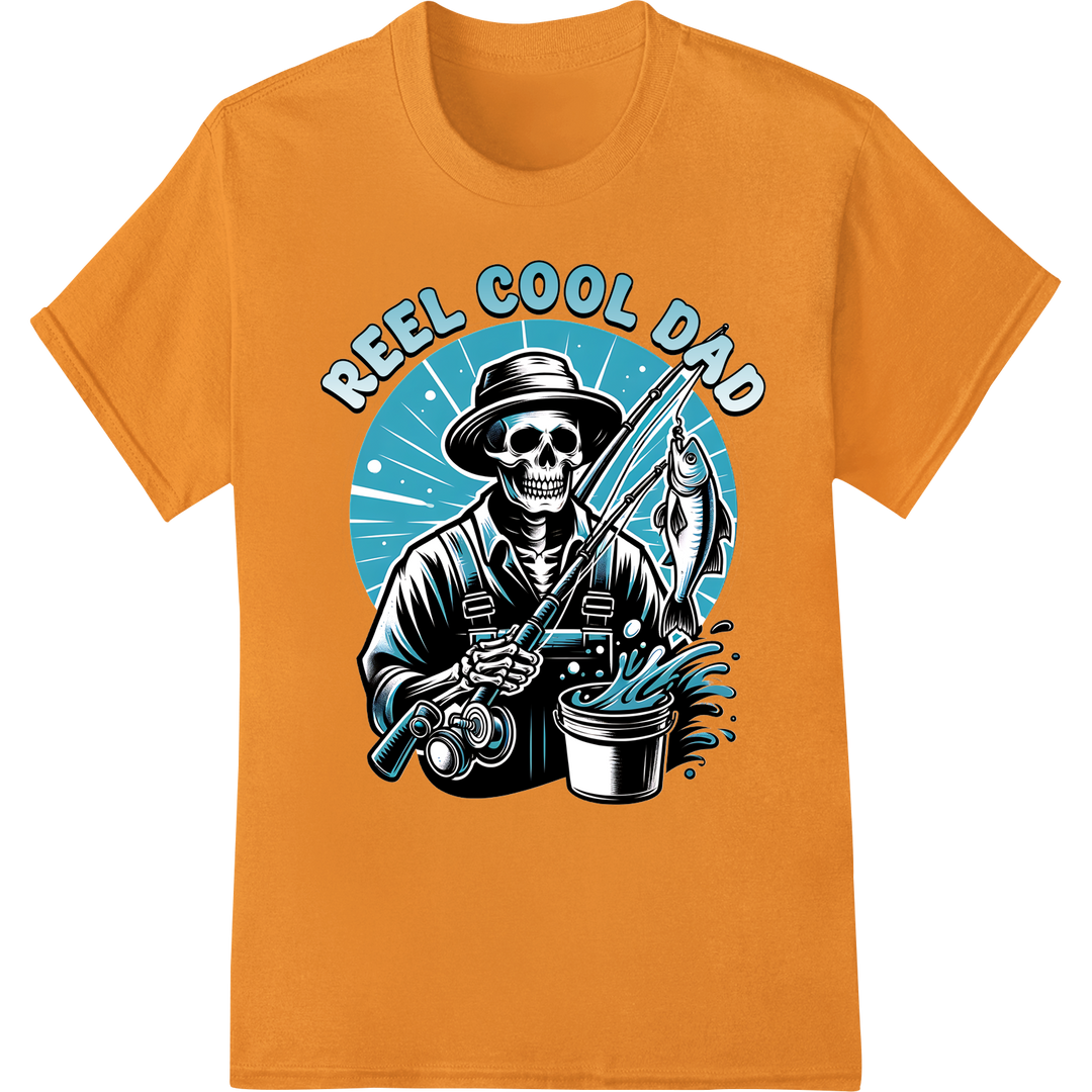 Reel Cool Dad: Fishing Skeleton Father's Day DTF Print on orange shirt - SUPERDTF-DTF Prints-DTF Transfers-Custom DTF Prints