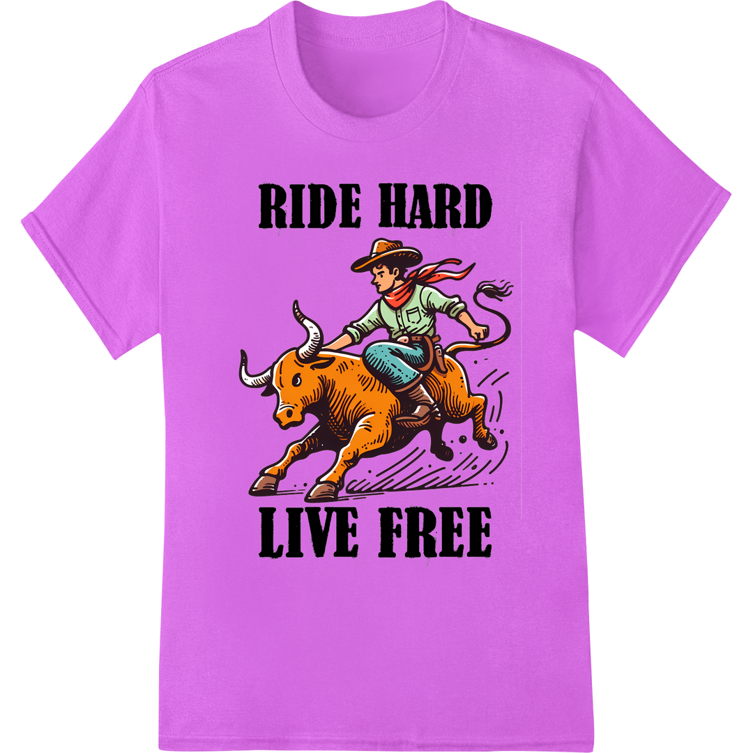 Ride Hard Live Free: Bold Cowgirl DTF Print Heat Transfer on purple shirt - SUPERDTF-DTF Prints-DTF Transfers-Custom DTF Prints