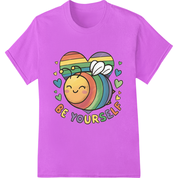 Vibrant 'Be Yourself' LGBTQ Rainbow Bee DTF Print Transfer on purple shirt - SUPERDTF-DTF Prints-DTF Transfers-Custom DTF Prints