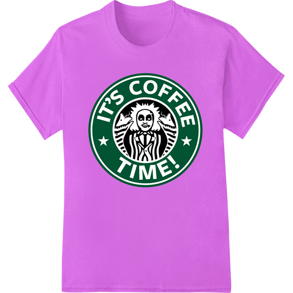 Colorful DTF print design featuring a quirky coffee mug and the phrase 'It's Coffee Time!' for heat transfer on apparel.