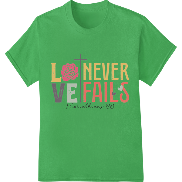 Love Never Fails: Inspiring Christian DTF Heat Transfer on green shirt - SUPERDTF-DTF Prints-DTF Transfers-Custom DTF Prints