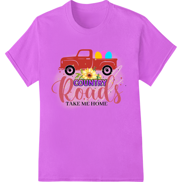 Rustic Easter red truck illustration with flowers and eggs, perfect for DTF heat transfer on t-shirts and apparel.