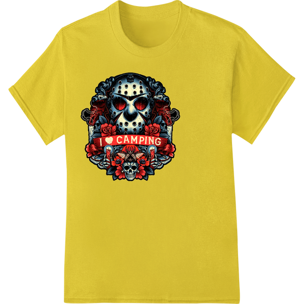 Edgy Skull 'I LOVE CAMPING' Heat Transfer - Gothic Horror on yellow shirt - SUPERDTF-DTF Prints-DTF Transfers-Custom DTF Prints