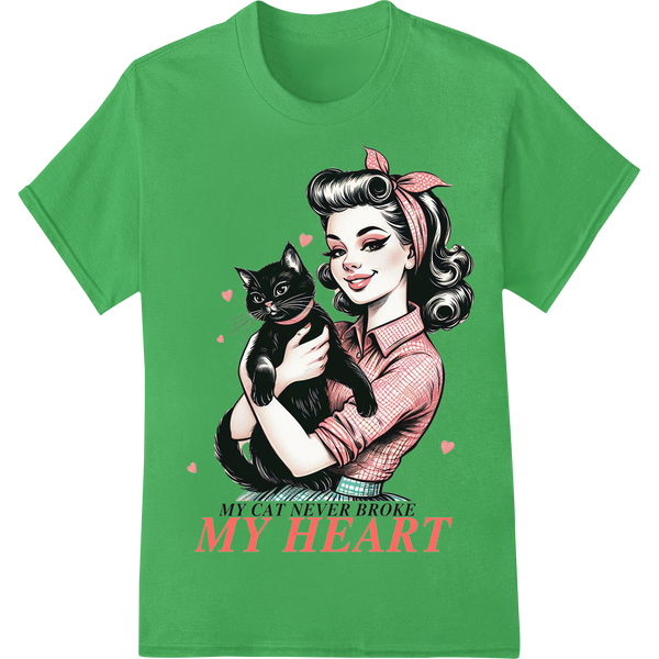 Retro Cat Lover's Valentine: Quirky DTF Print Heat Transfer on green shirt - SUPERDTF-DTF Prints-DTF Transfers-Custom DTF Prints