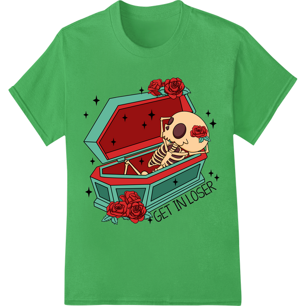 Steal Hearts this V-Day with Edgy Skeleton Coffin DTF Print on green shirt - SUPERDTF-DTF Prints-DTF Transfers-Custom DTF Prints