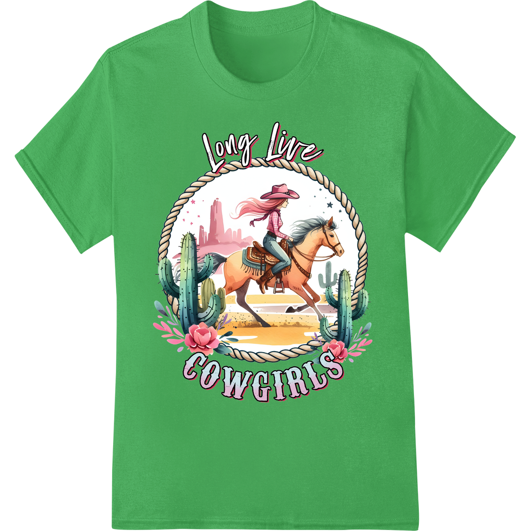 Vibrant Pink Cowgirl Adventure DTF Print Heat Transfer on green shirt - SUPERDTF-DTF Prints-DTF Transfers-Custom DTF Prints