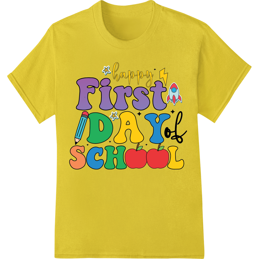 Playful 'Happy First Day of School' DTF Print Heat Transfer on yellow shirt - SUPERDTF-DTF Prints-DTF Transfers-Custom DTF Prints