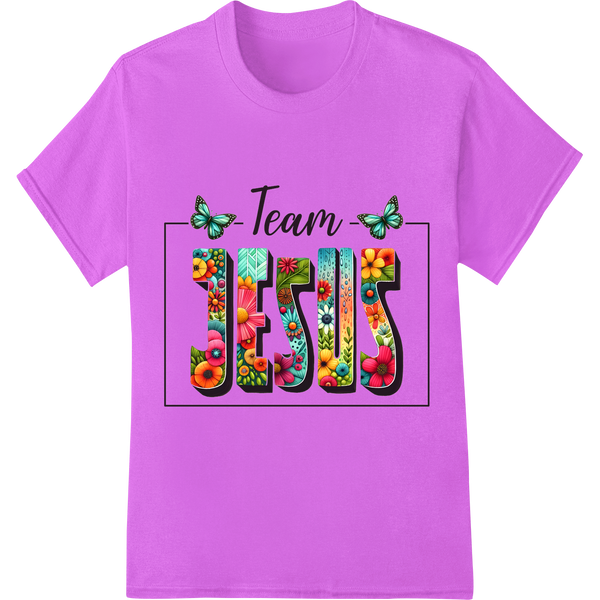 Expert custom garment printing craftsmanship on Floral 'Team Jesus' Easter DTF Print Heat Transfer Design