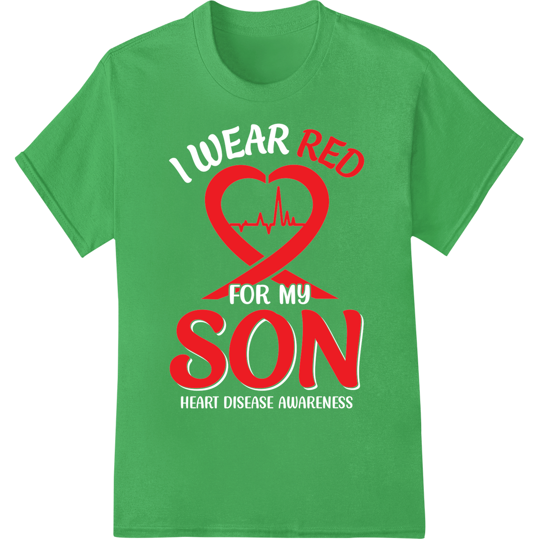 Bold 'RED SON' Heart DTF Print Heat Transfer for Valentine's on green shirt - SUPERDTF-DTF Prints-DTF Transfers-Custom DTF Prints