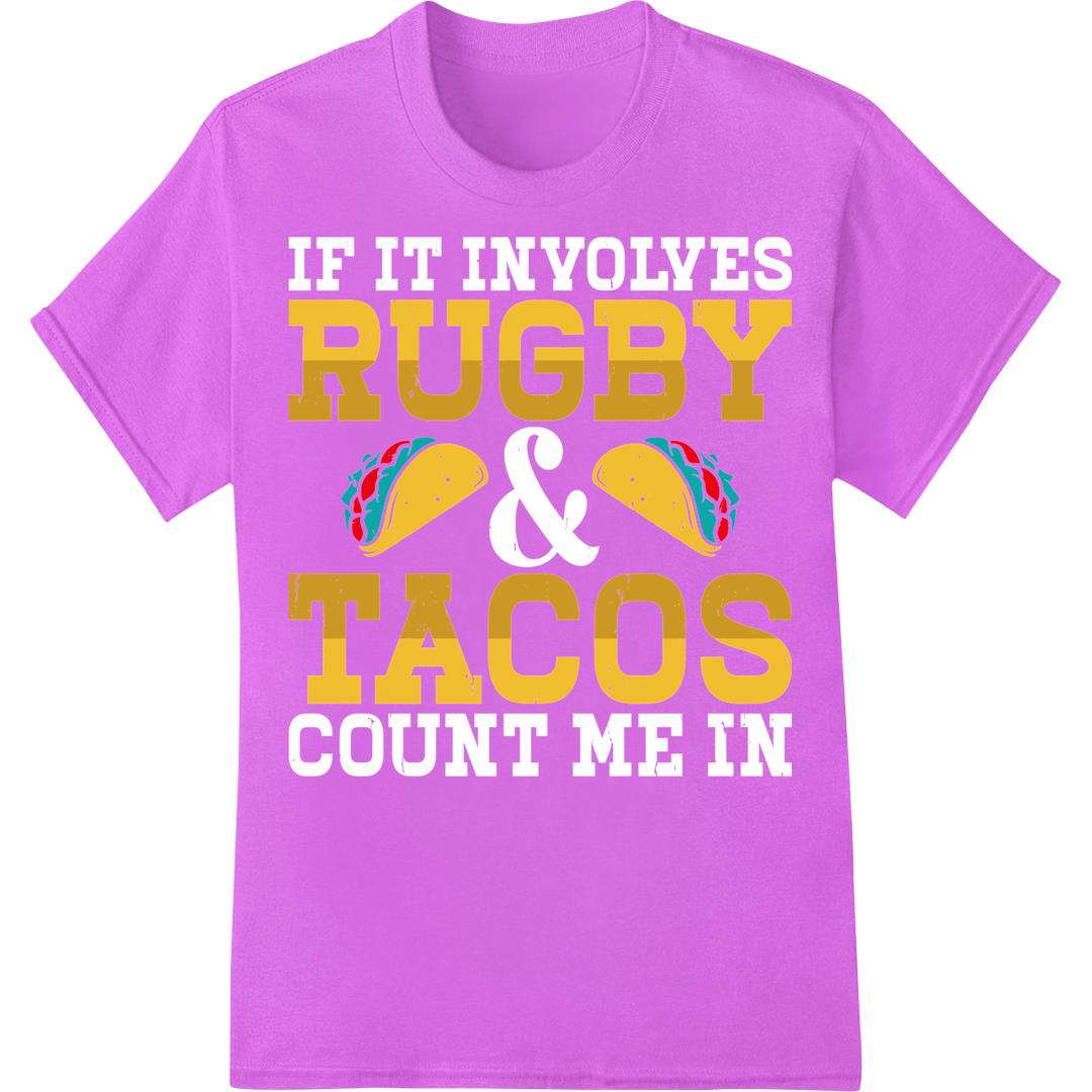 Tackle Hunger: Rugby Tacos DTF Print Heat Transfer on purple shirt - SUPERDTF-DTF Prints-DTF Transfers-Custom DTF Prints