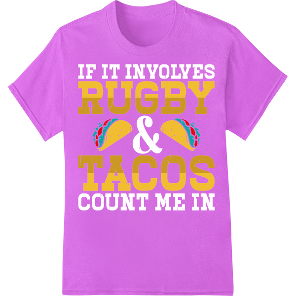 Tackle Hunger: Rugby Tacos DTF Print Heat Transfer on purple shirt - SUPERDTF-DTF Prints-DTF Transfers-Custom DTF Prints