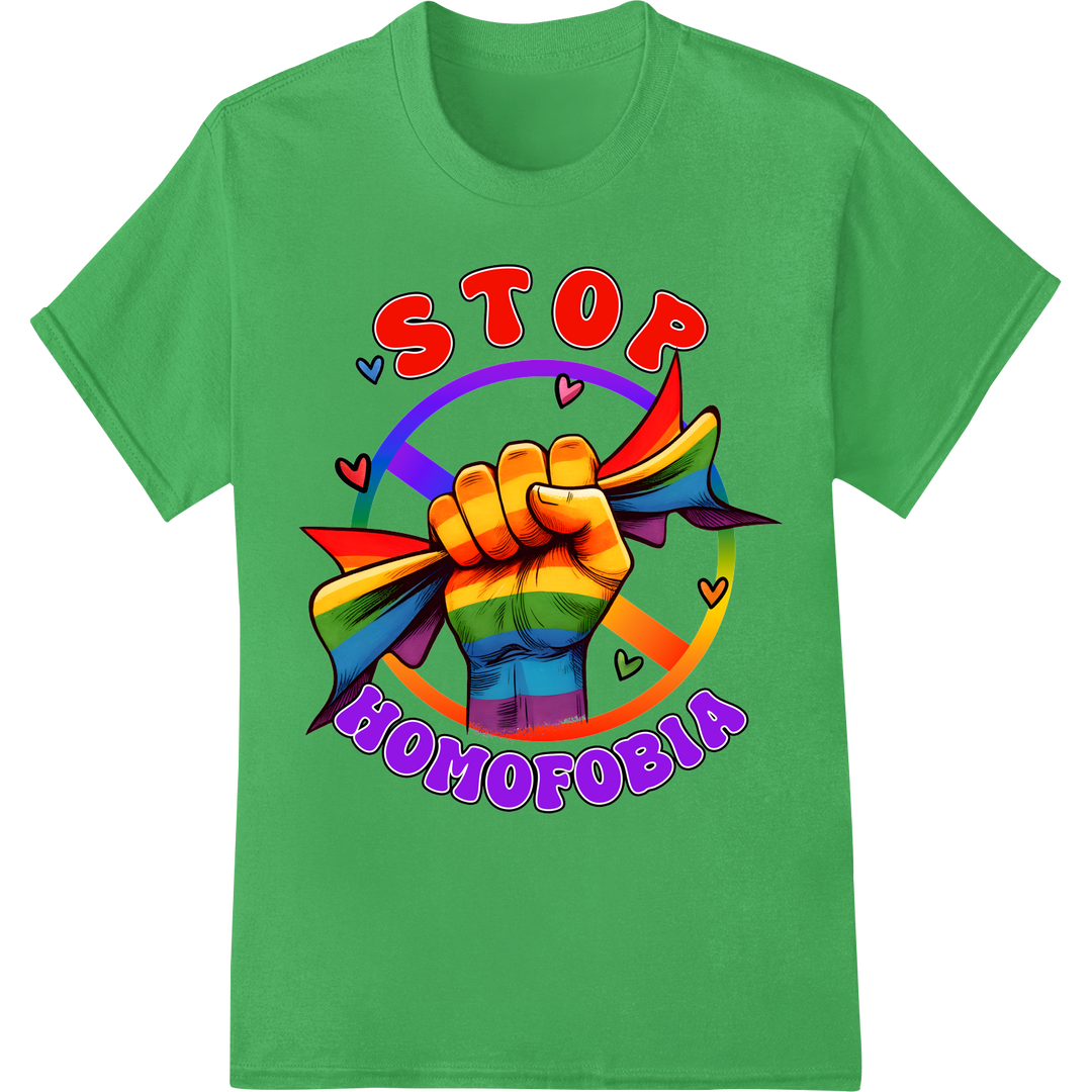 Bold 'Stop Homophobia' LGBT+ Pride DTF Print Heat Transfer on green shirt - SUPERDTF-DTF Prints-DTF Transfers-Custom DTF Prints