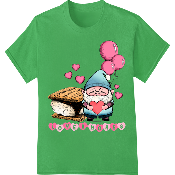 Adorable Gnome Loves S'mores: Cute Camping Valentine's DTF on green shirt - SUPERDTF-DTF Prints-DTF Transfers-Custom DTF Prints