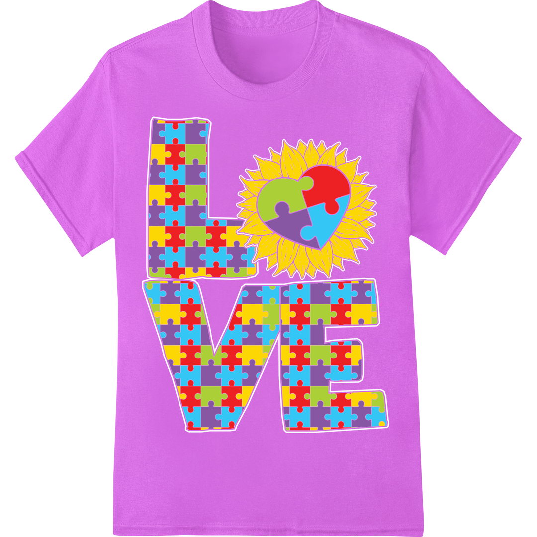 Autism Awareness Puzzle Love Heart DTF Print Heat Transfer on purple shirt - SUPERDTF-DTF Prints-DTF Transfers-Custom DTF Prints