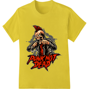 Vibrant DTF heat transfers print on Punk Not Dead: Fiery Skull Mohawk Heat Transfer Design