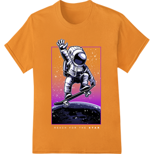 Personalized innovative apparel printing design for Space Shredder: Astronaut Skateboarding Cosmic Scene