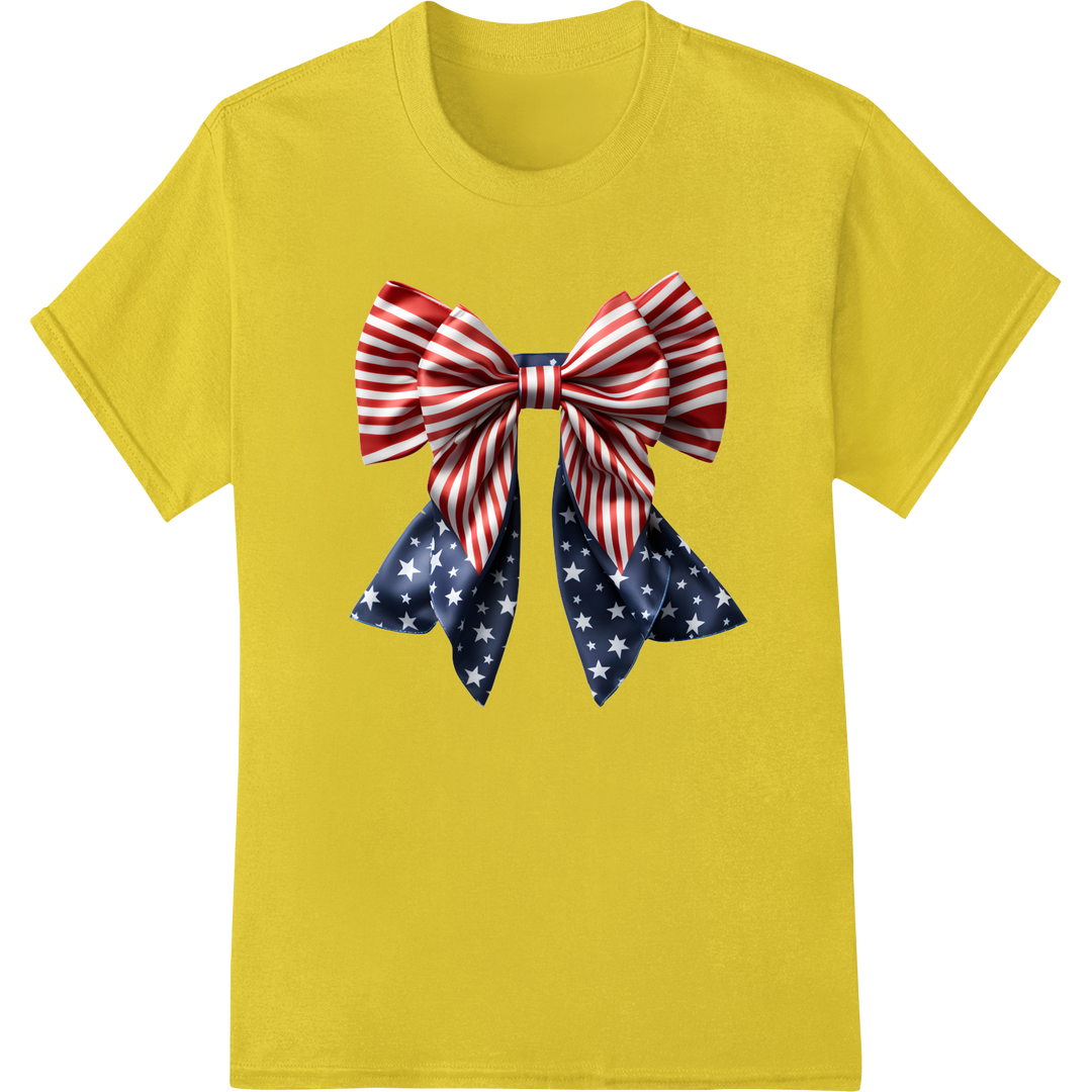 Patriotic Stars & Stripes Bow Print DTF Heat Transfer on yellow shirt - SUPERDTF-DTF Prints-DTF Transfers-Custom DTF Prints