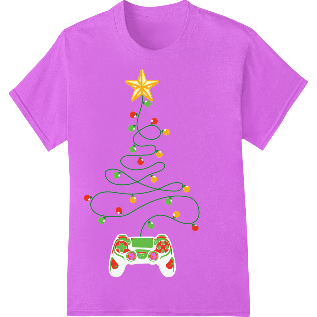 Retro Gaming Christmas Tree: Festive Fun for Gamers on purple shirt - SUPERDTF-DTF Prints-DTF Transfers-Custom DTF Prints