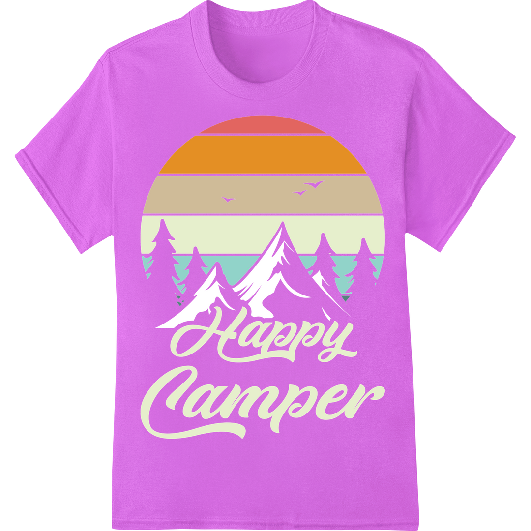 Retro 'Happy Camper' DTF Print | Outdoor Adventure Design on purple shirt - SUPERDTF-DTF Prints-DTF Transfers-Custom DTF Prints