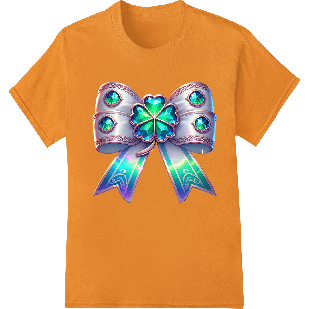 Glittering Shamrock Bow: Celebrate St. Patrick's Day in Style on orange shirt - SUPERDTF-DTF Prints-DTF Transfers-Custom DTF Prints