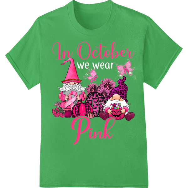 In October Pink: Festive Gnomes DTF Print Heat Transfer on green shirt - SUPERDTF-DTF Prints-DTF Transfers-Custom DTF Prints