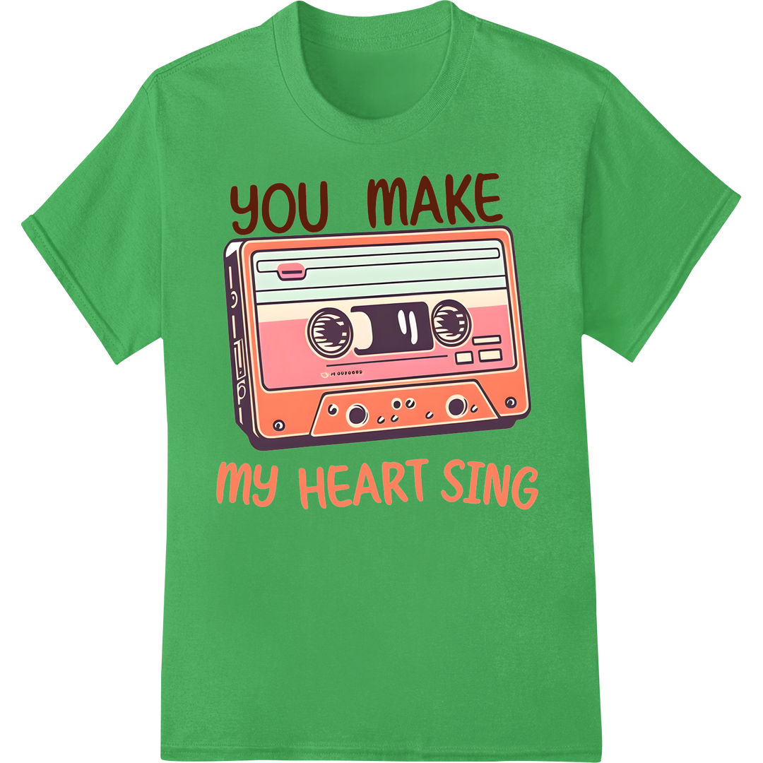 Retro Cassette Love Song: Valentine's Day DTF Transfer on green shirt - SUPERDTF-DTF Prints-DTF Transfers-Custom DTF Prints