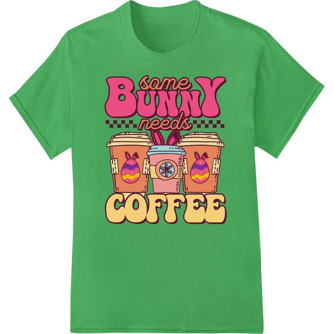 Hop into Spring with this Groovy Easter Coffee DTF Print on green shirt - SUPERDTF-DTF Prints-DTF Transfers-Custom DTF Prints