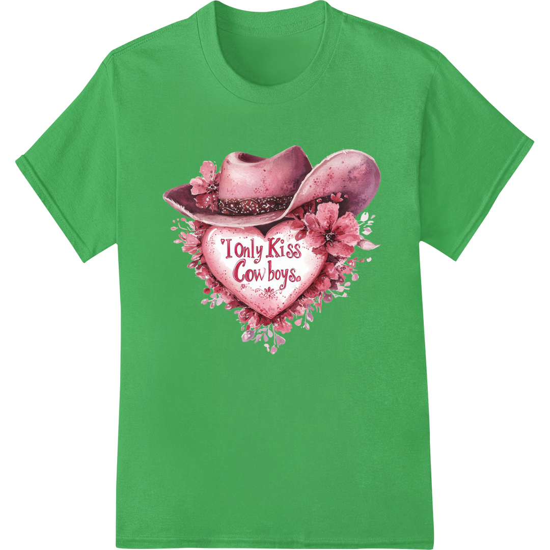 I Only Kiss Cowboys: Playful Valentine's Day DTF Print on green shirt - SUPERDTF-DTF Prints-DTF Transfers-Custom DTF Prints