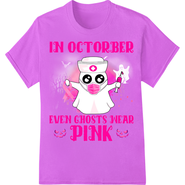 Pink Ghost Breast Cancer Awareness Halloween DTF Print on purple shirt - SUPERDTF-DTF Prints-DTF Transfers-Custom DTF Prints