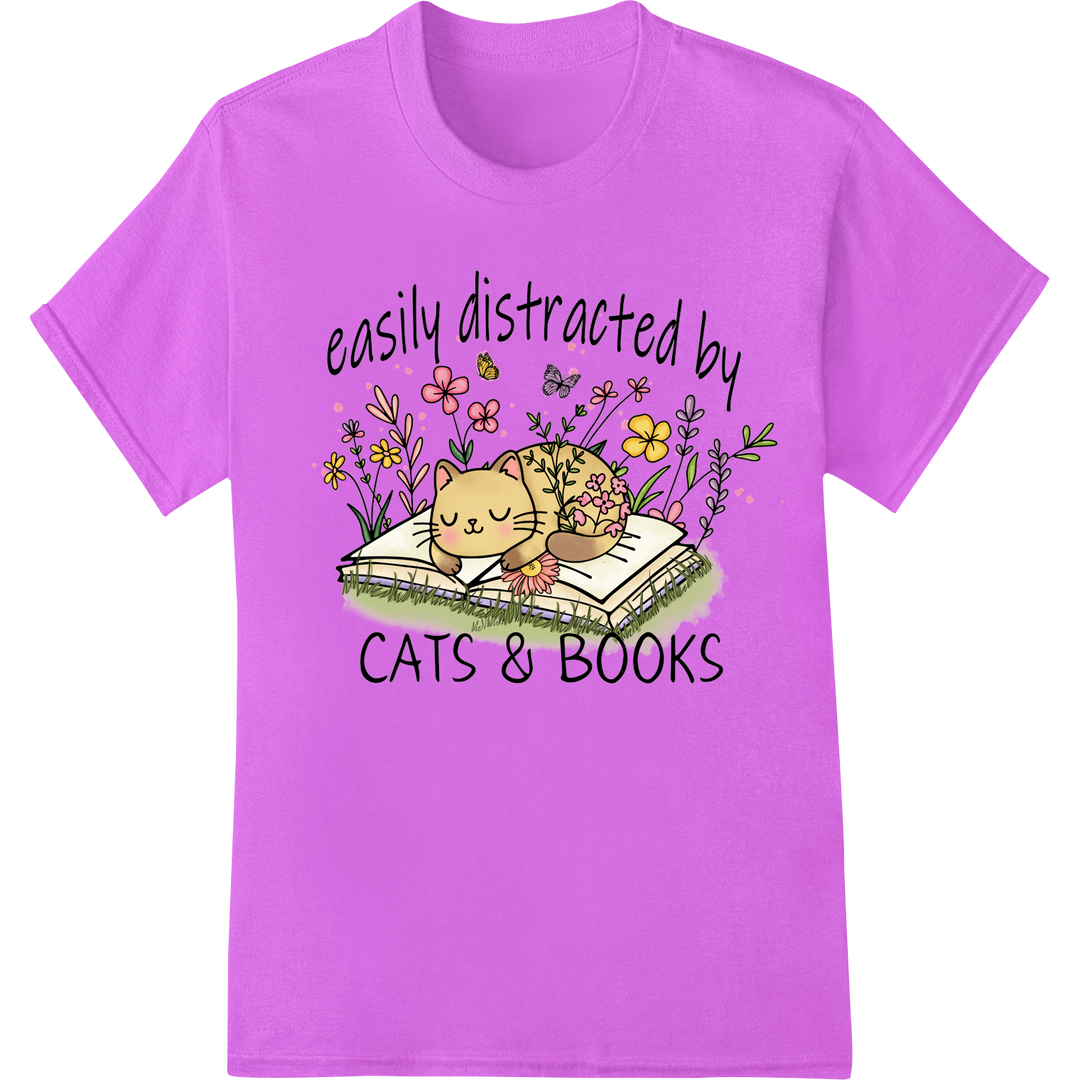 Adorable 'Easily Distracted by Cats & Books' DTF Transfer on purple shirt - SUPERDTF-DTF Prints-DTF Transfers-Custom DTF Prints