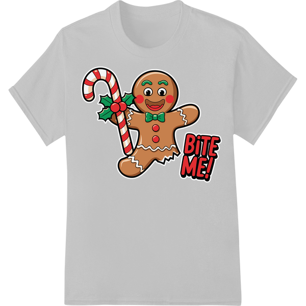 Festive Gingerbread Man 'Bite Me' Christmas DTF Print on white shirt - SUPERDTF-DTF Prints-DTF Transfers-Custom DTF Prints