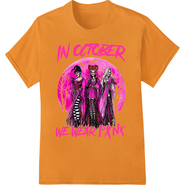 Bewitching 'In October We Wear Pink' Halloween DTF Print on orange shirt - SUPERDTF-DTF Prints-DTF Transfers-Custom DTF Prints