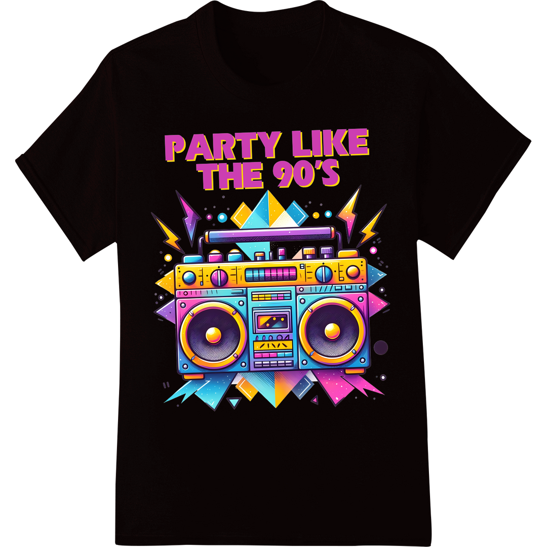 Retro 90's Boombox Party DTF Print Heat Transfer on black shirt - SUPERDTF-DTF Prints-DTF Transfers-Custom DTF Prints