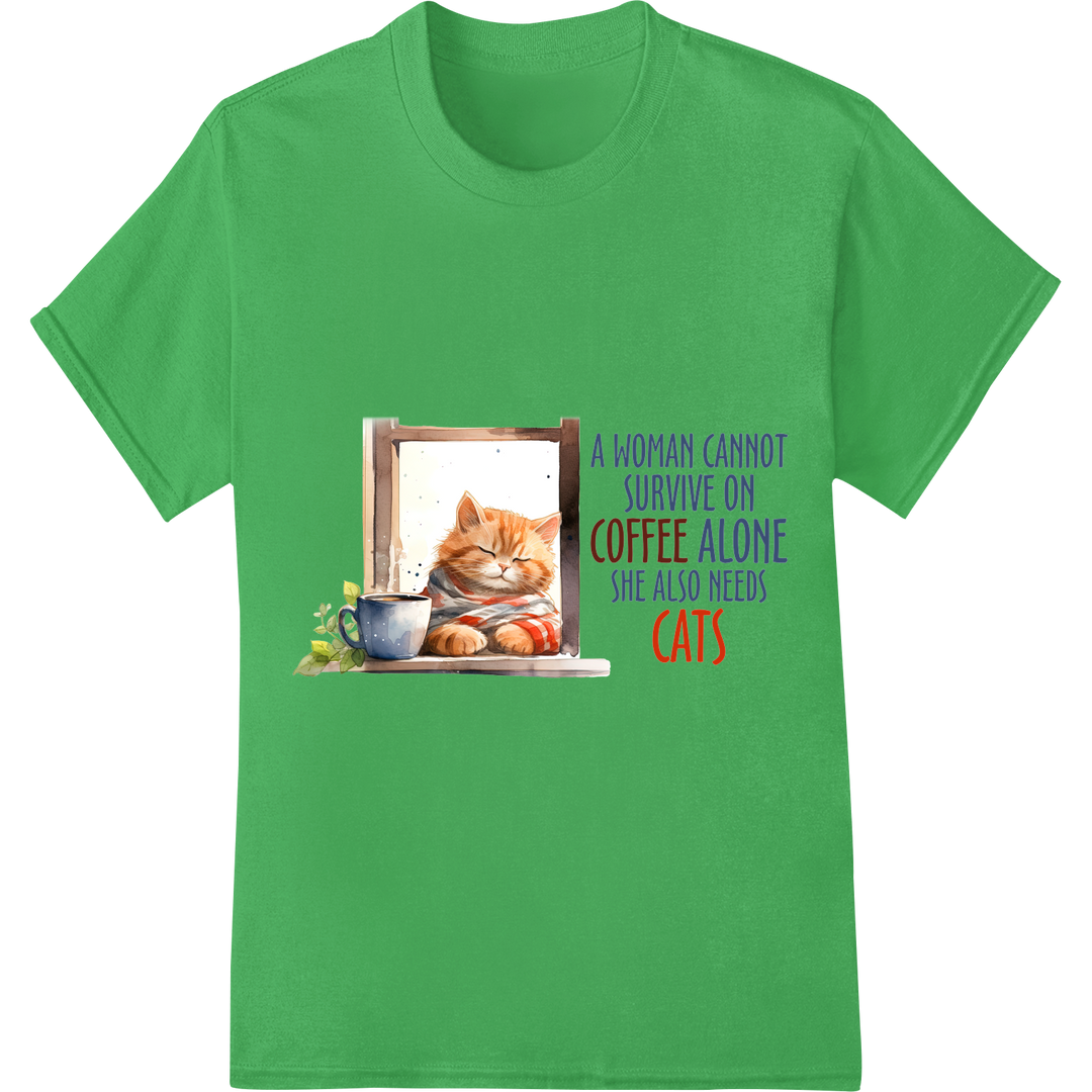 Fur-ocious Coffee Addict: Hilarious Cat & Caffeine DTF Print on green shirt - SUPERDTF-DTF Prints-DTF Transfers-Custom DTF Prints