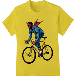 Durable durable print transfers applied to Devilish Biker: Edgy Cartoon Devil on Bicycle Heat Transfer