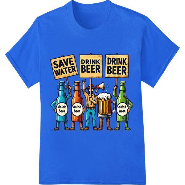 Hilarious 'Save Water Drink Beer' DTF Print Heat Transfer on blue shirt - SUPERDTF-DTF Prints-DTF Transfers-Custom DTF Prints