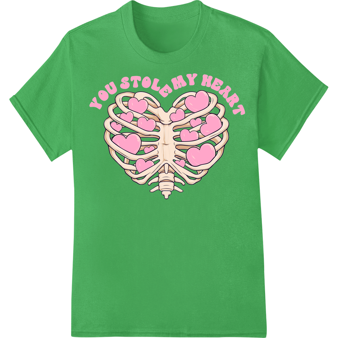 Edgy 'You Stole My Heart' Ribcage DTF Print Heat Transfer on green shirt - SUPERDTF-DTF Prints-DTF Transfers-Custom DTF Prints