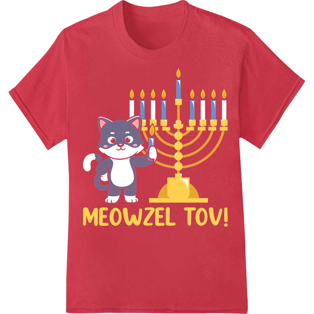 Adorable Cat Hanukkah DTF Print Transfer - MEOWZEL TOV on red shirt - SUPERDTF-DTF Prints-DTF Transfers-Custom DTF Prints