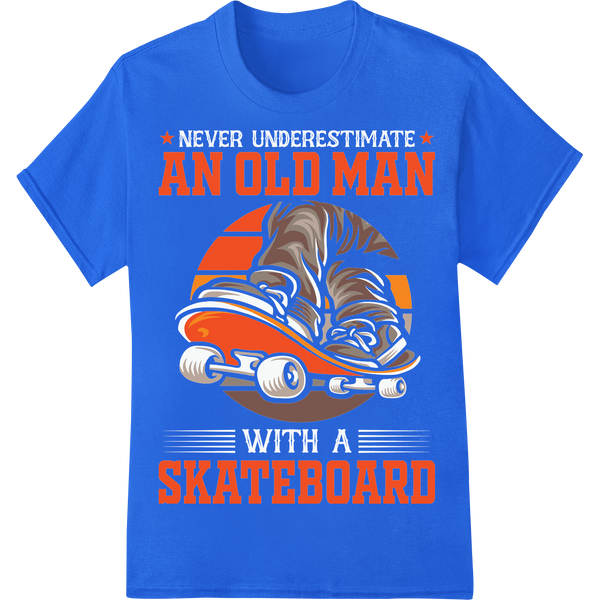 Retro Skater Grandpa: Vintage Skateboarding DTF Print on blue shirt - SUPERDTF-DTF Prints-DTF Transfers-Custom DTF Prints