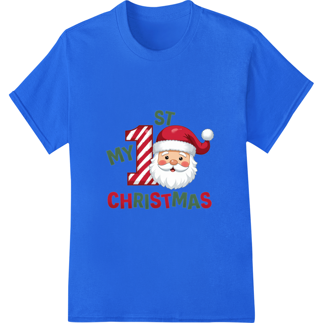 Adorable 'My 1st Christmas' Santa DTF Print Heat Transfer on blue shirt - SUPERDTF-DTF Prints-DTF Transfers-Custom DTF Prints