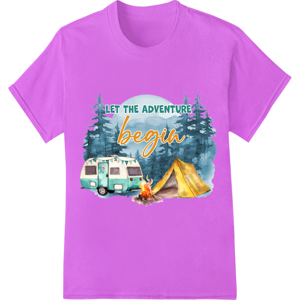 Retro Camper Adventure: Let the Outdoor Exploration Begin on purple shirt - SUPERDTF-DTF Prints-DTF Transfers-Custom DTF Prints