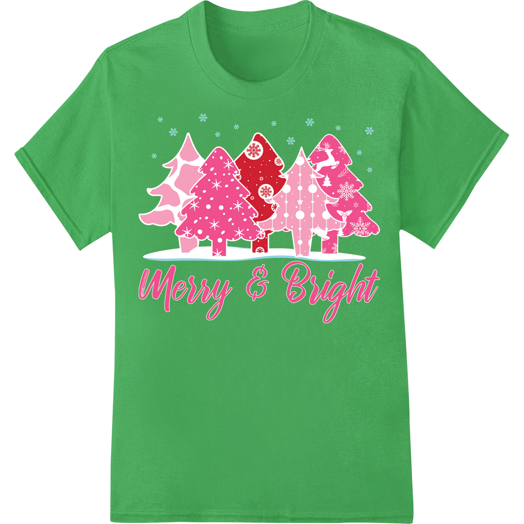 Festive Pink Christmas Trees DTF Print Heat Transfer on green shirt - SUPERDTF-DTF Prints-DTF Transfers-Custom DTF Prints