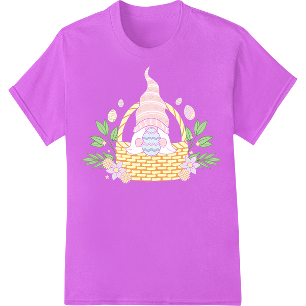 Whimsical Gnome Easter Basket DTF Heat Transfer Design on purple shirt - SUPERDTF-DTF Prints-DTF Transfers-Custom DTF Prints