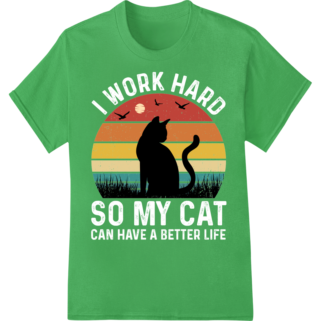 Retro Cat Silhouette Sunset DTF Heat Transfer Print on green shirt - SUPERDTF-DTF Prints-DTF Transfers-Custom DTF Prints