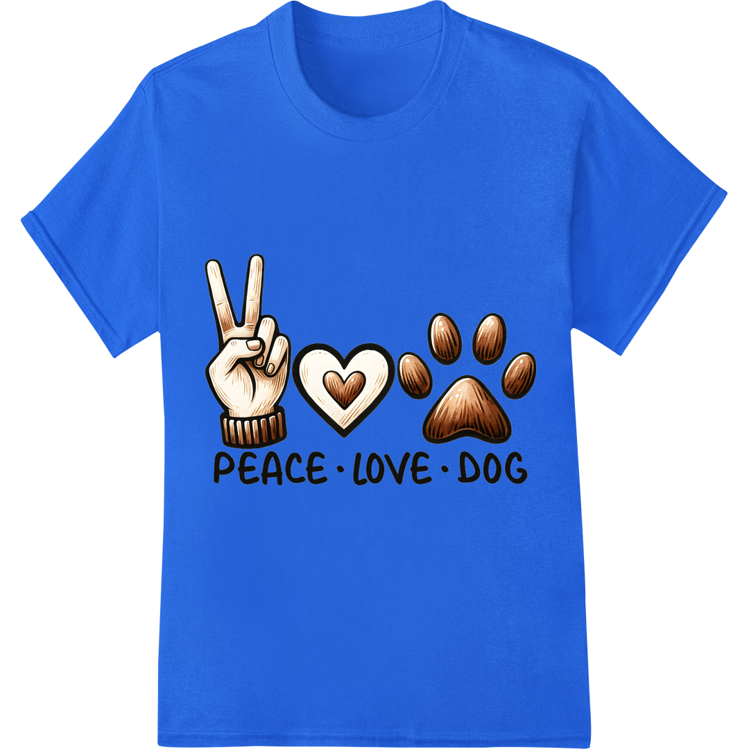 Adorable "PEACE · LOVE · DOG" DTF Print for Proud Dog Moms on blue shirt - SUPERDTF-DTF Prints-DTF Transfers-Custom DTF Prints