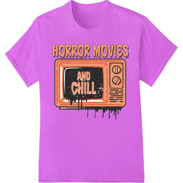 Retro horror movie-inspired graphic with text 'Horror Movies and Chill TV' and spooky elements like a skull and spider web