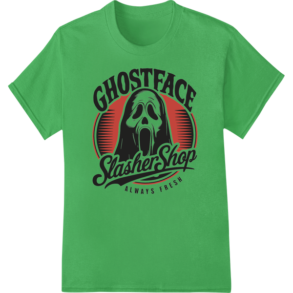 Ghostface Slasher Shop Heat Transfer - Killer Halloween Style showcasing advanced durable print transfers technology